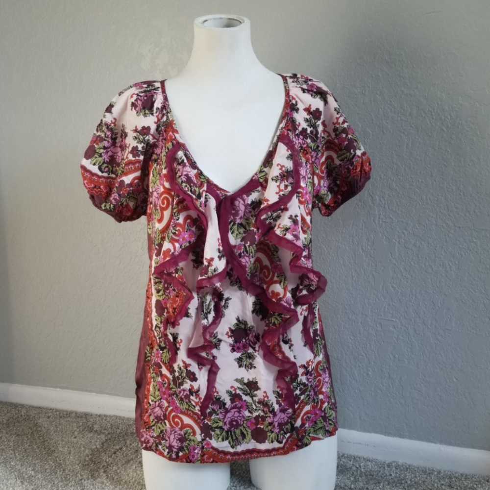 New Anthropologie Floral Ruffle Blouse Silk Ya-Da Boho V-Neck Top Small